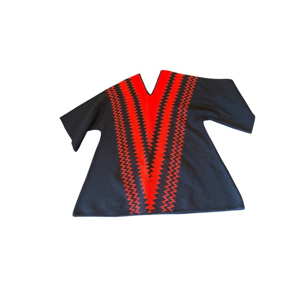 Vintage 80s Milbank Red & Black Chevron V-Neck Poncho‎ Acrylic Blend One Size